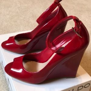 Aldo Red patent leather wedges